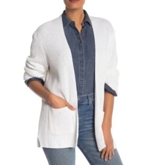 MADEWELL Nolan Ribbed Open Cardigan Sweater Women's Size S White Pockets Knit - Picture 1 of 14